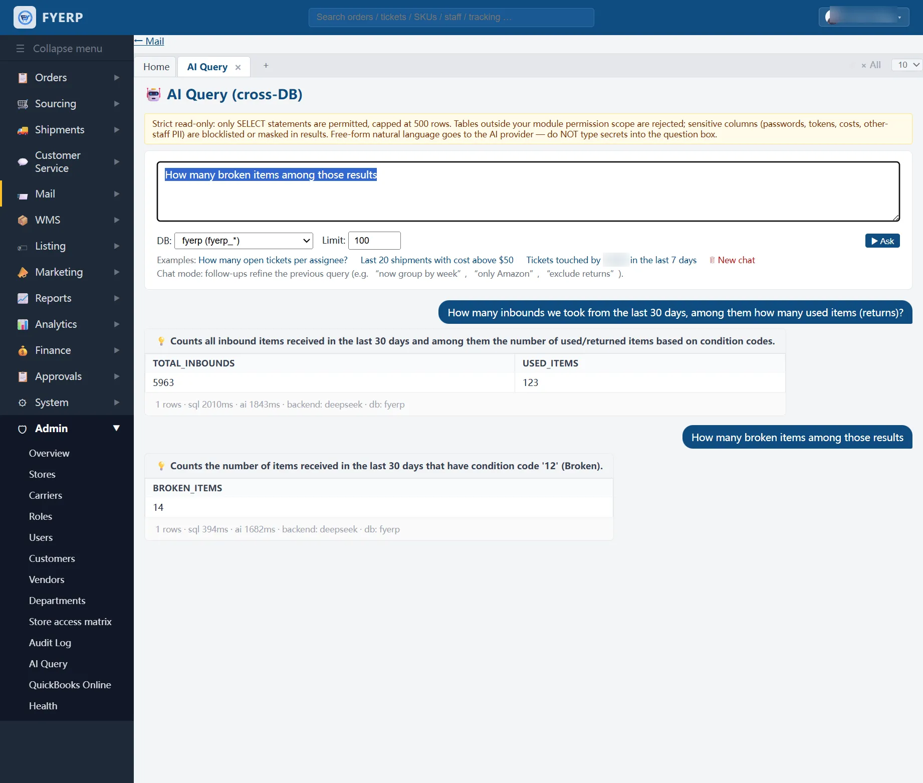 FYERP built-in AI chat window (AI Query cross-database example)