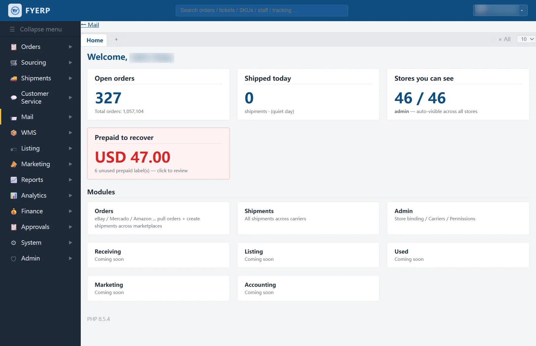 FYERP main dashboard: orders, stores, and modules overview