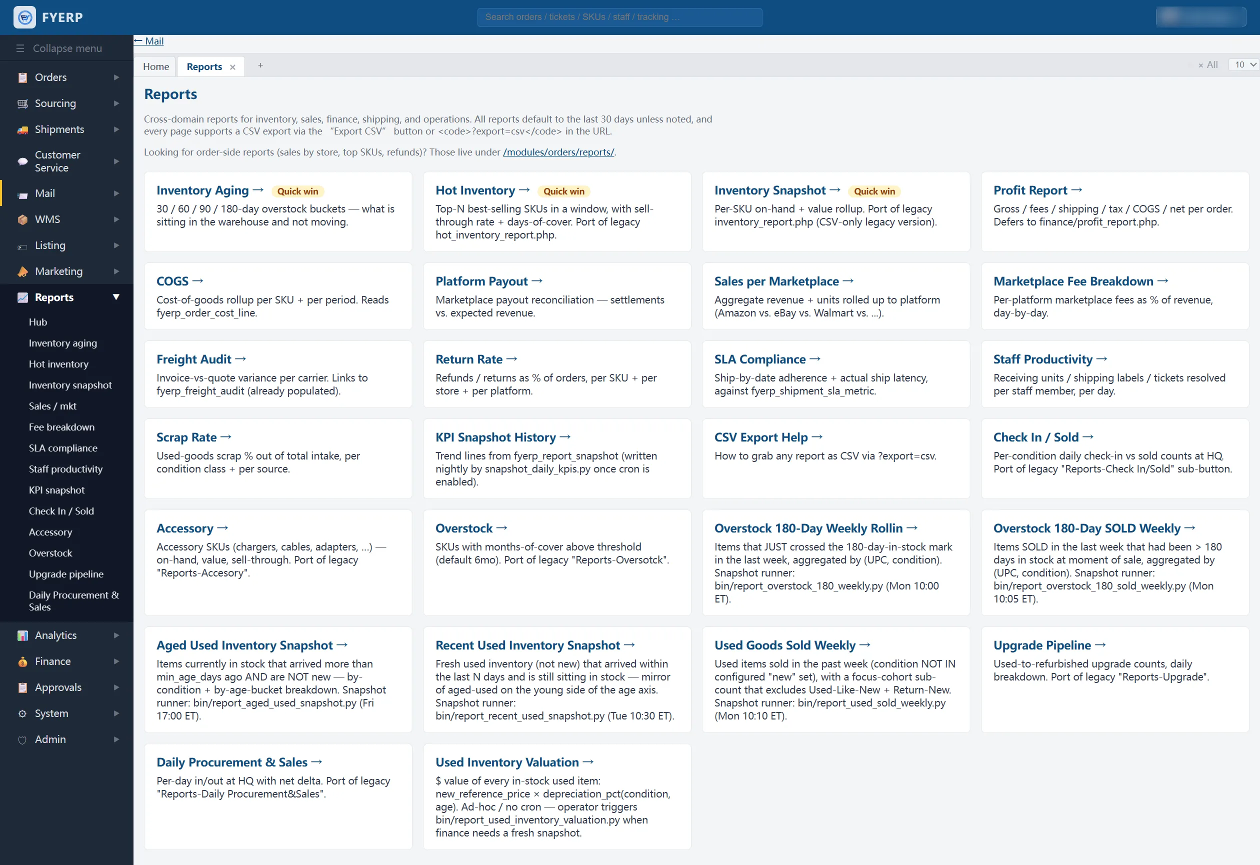 FYERP reports center: inventory, sales, profit, and platform reports